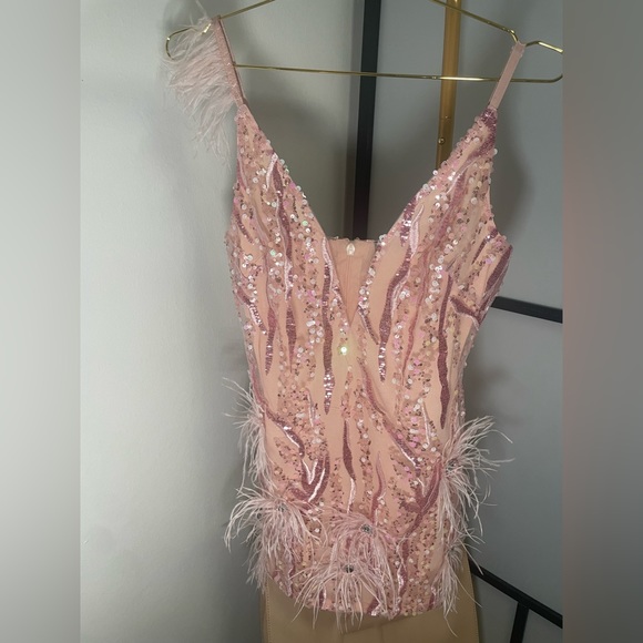 Pink Mini Dress, Feathers and Sequins - Picture 3 of 6